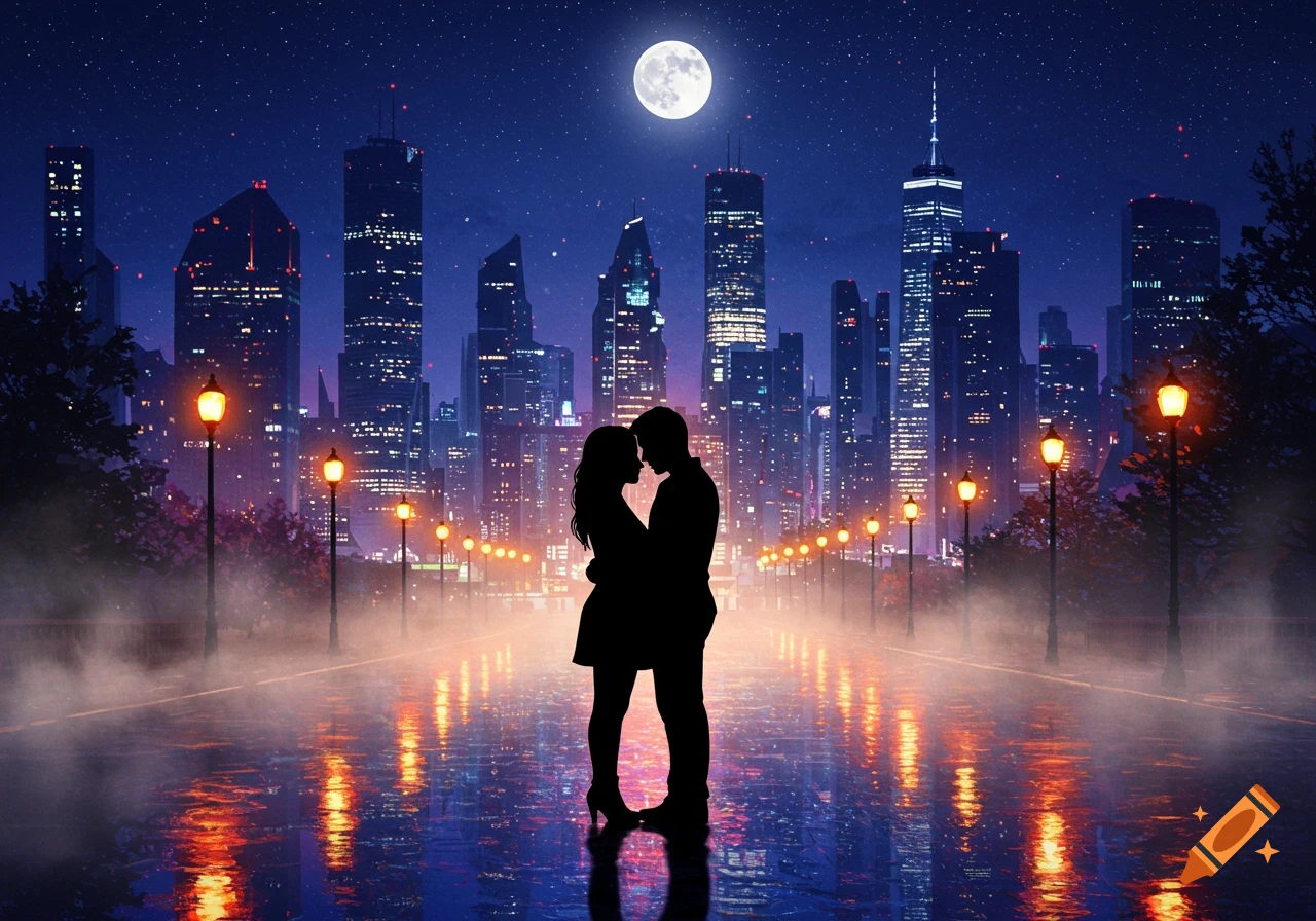 Two lovers in silhouette embrace on a misty, reflective path at night, with a city skyline and full moon in the background.