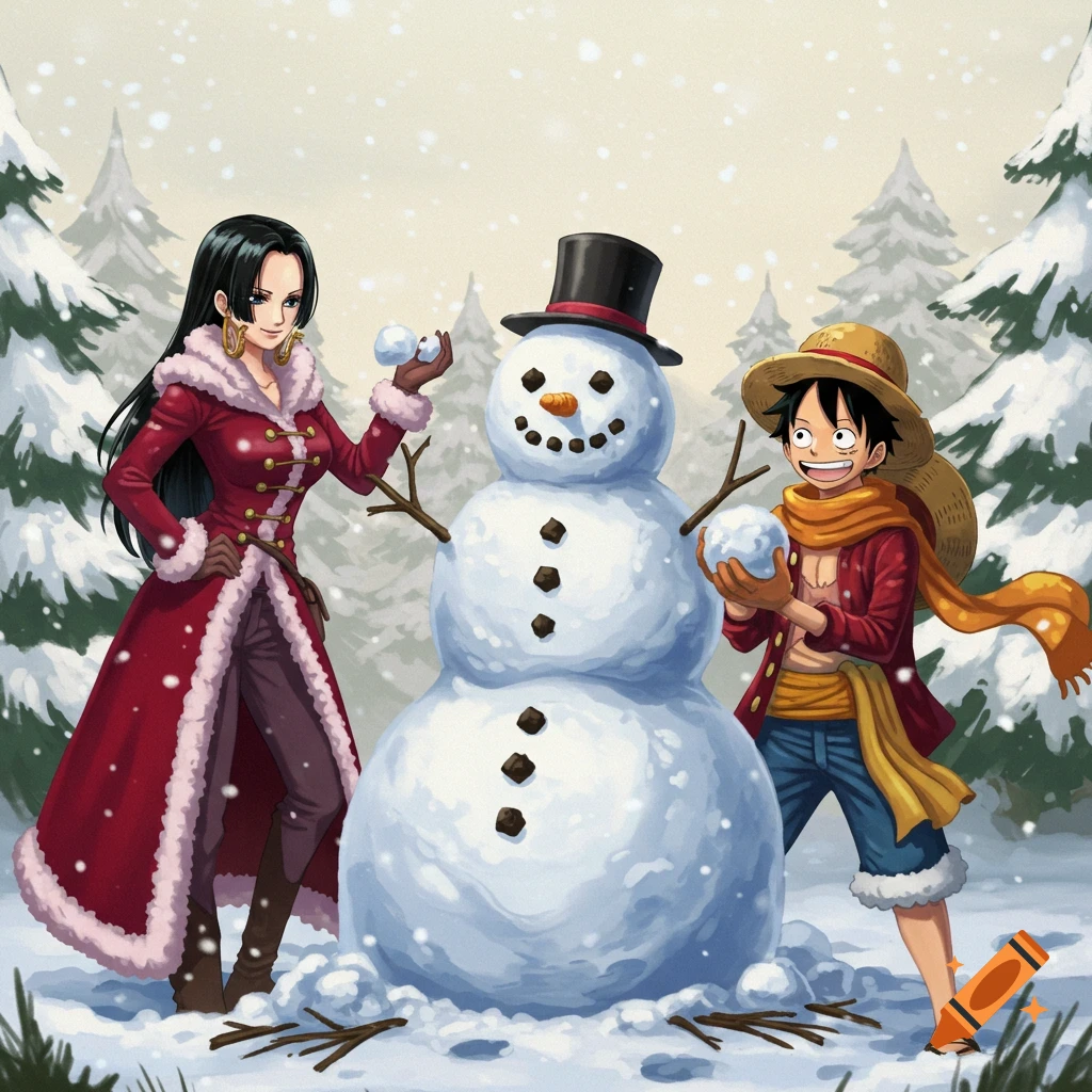 Anime characters Hancock and Luffy building a snowman in a snowy forest, holding snowballs.