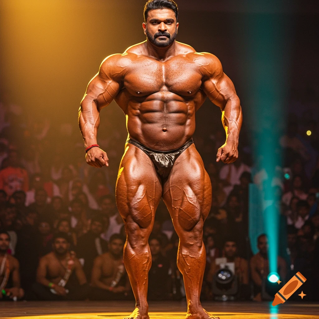A very muscular Indian male bodybuilder poses on a stage, illuminated by bright lights, with an audience in the blurred background. Photorealistic style.