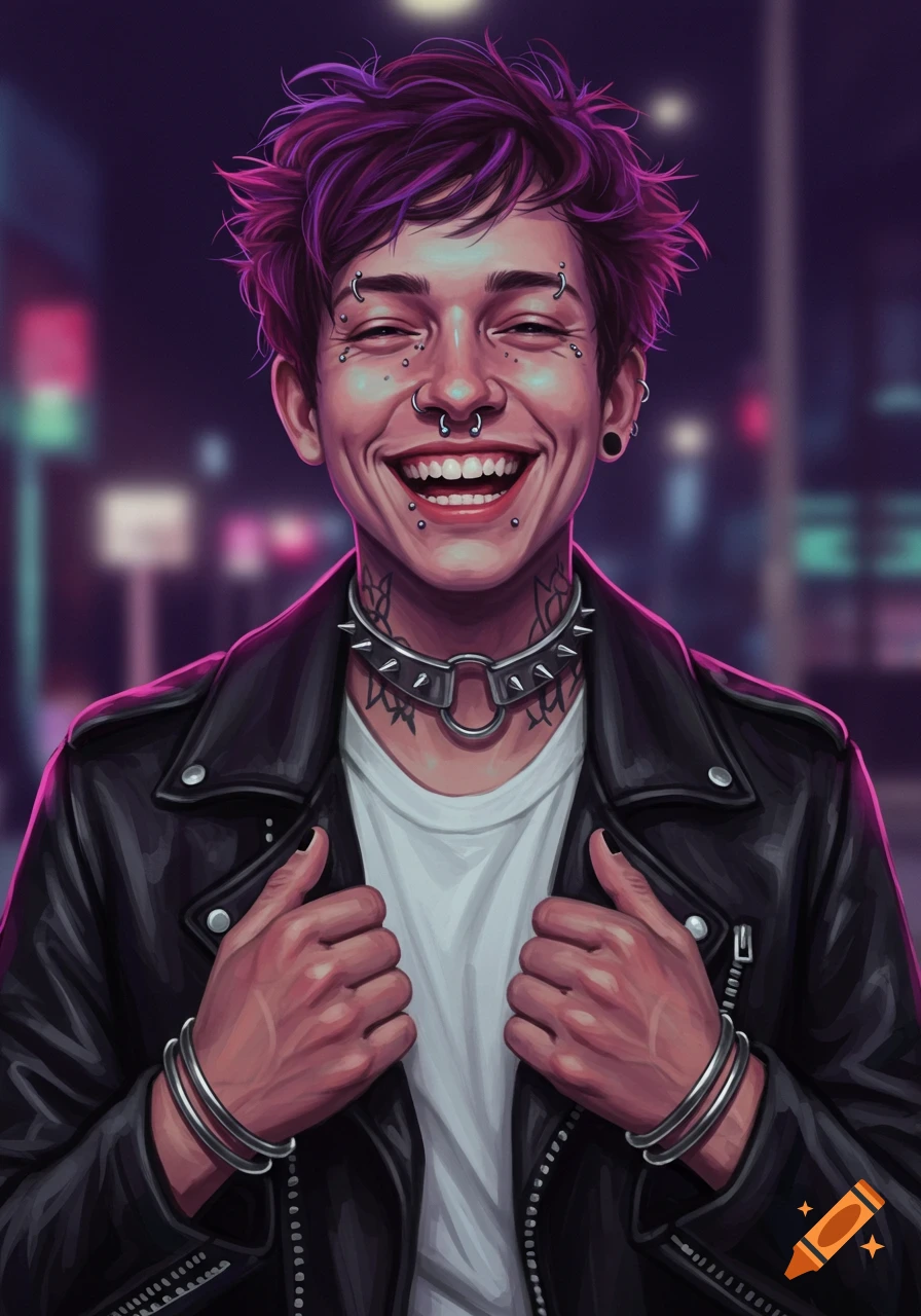 Smiling person with purple spiky hair and facial piercings, wearing a black leather jacket and spiked collar, in a colorful digital art style.