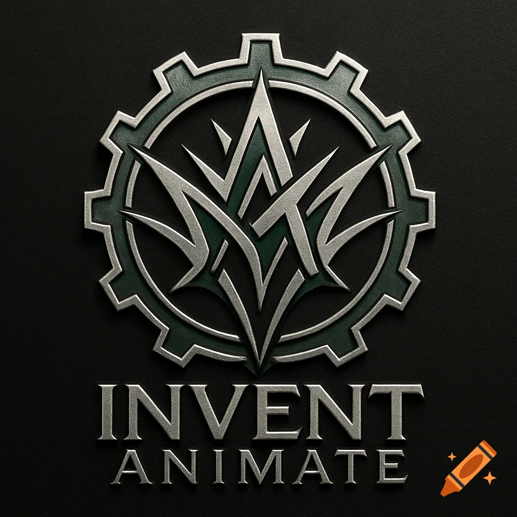 A metallic silver and dark green logo featuring a gear outline and abstract spiky design above the words INVENT ANIMATE on a black background.