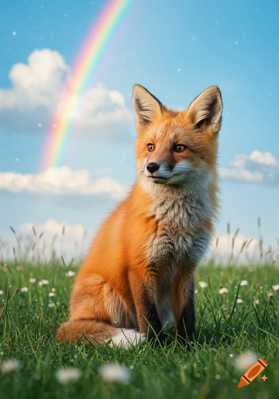 A red fox sits in a lush green field under a bright blue sky with a prominent rainbow.