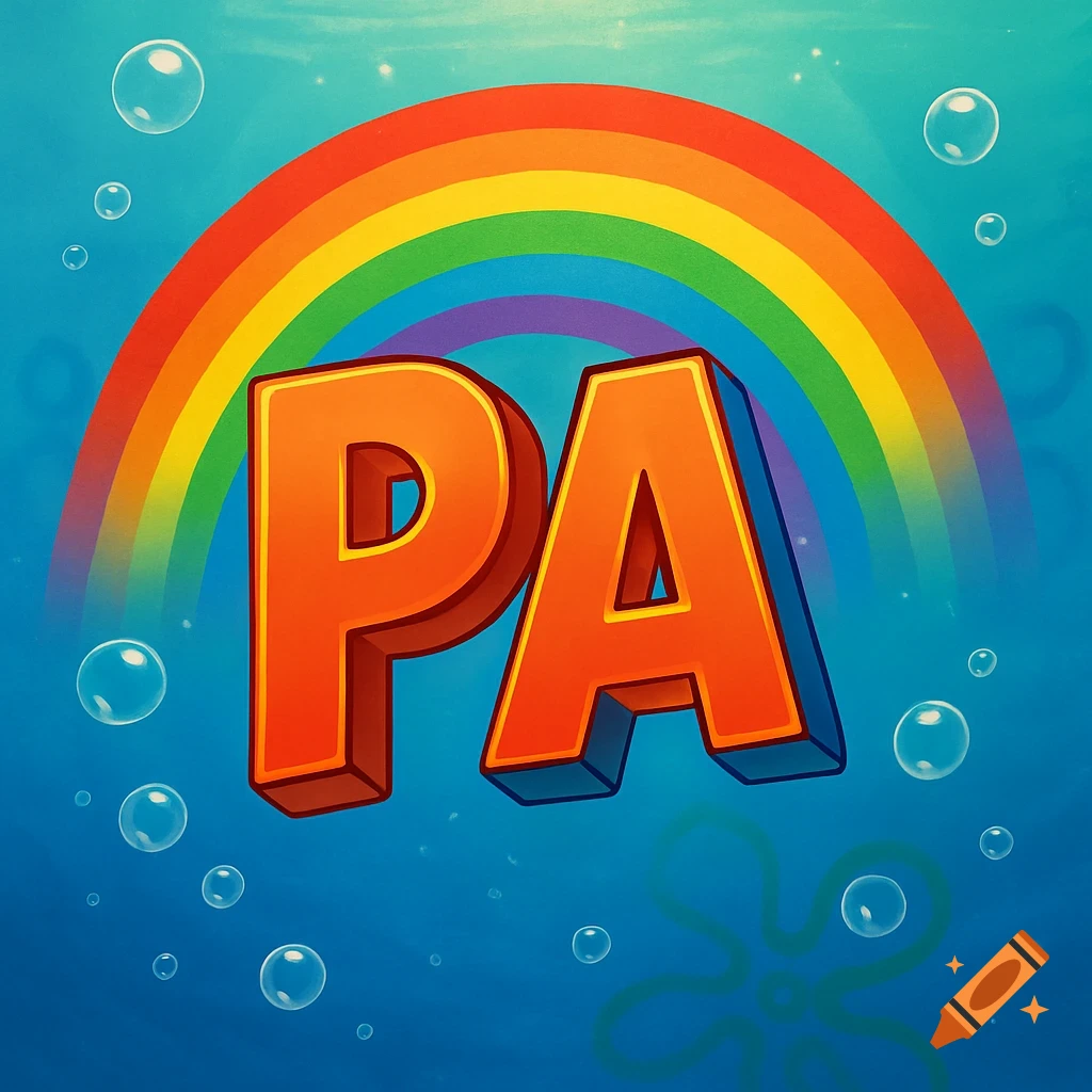 Large 3D orange letters 'PA' floating underwater with a vibrant rainbow arching above.