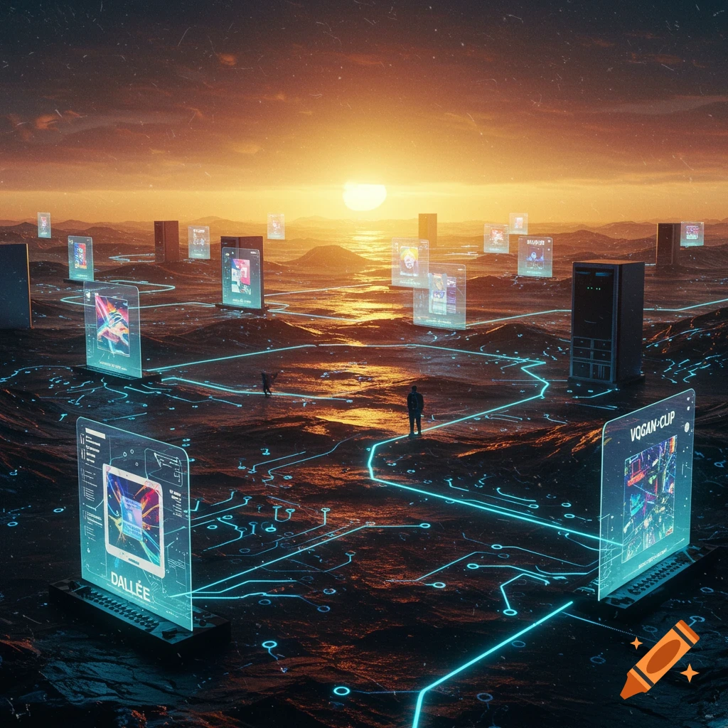 A futuristic digital landscape at sunset with holographic screens displaying AI interfaces and glowing circuit board patterns on the ground.