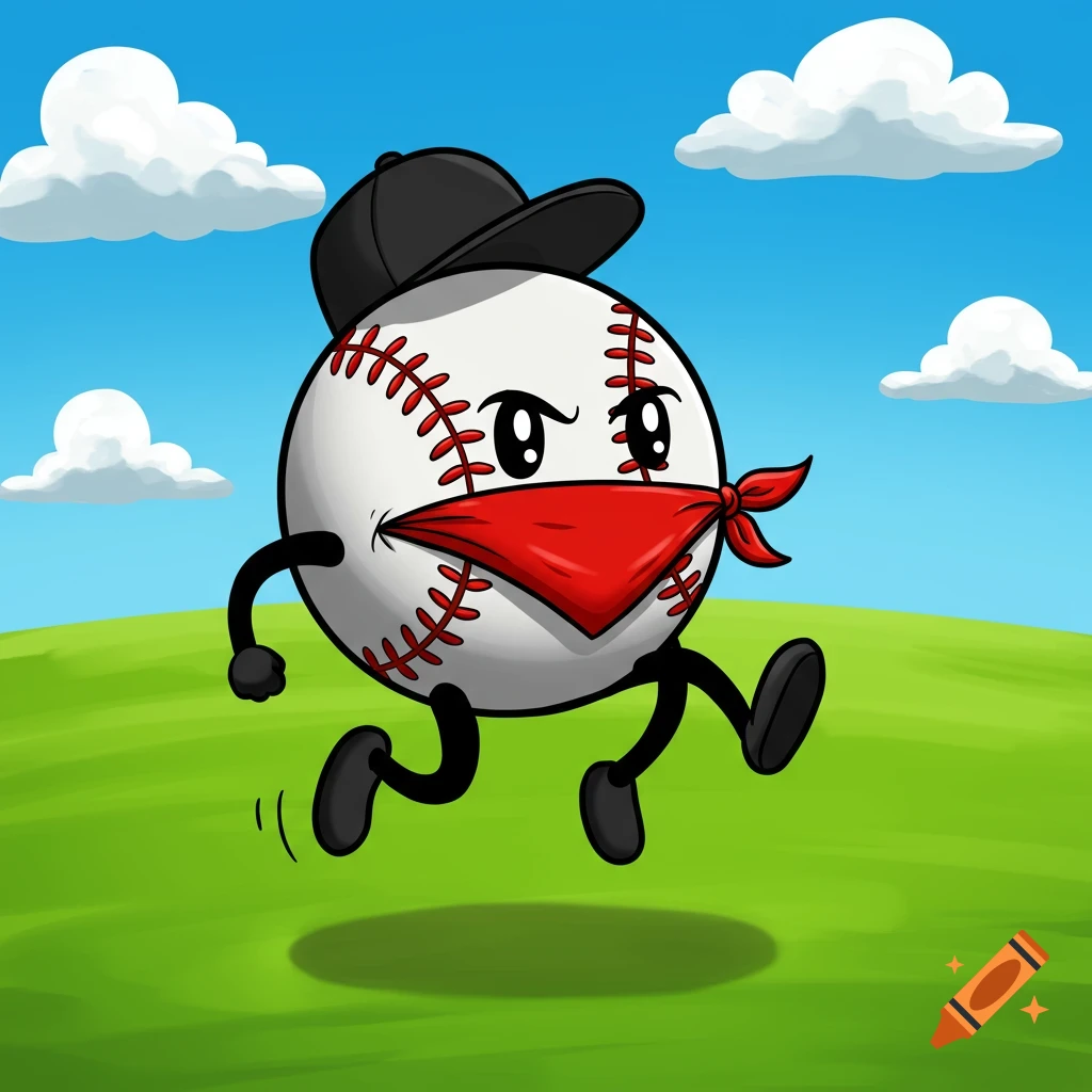 A cartoon baseball wearing a black hat and red bandana runs across a green field under a blue sky.