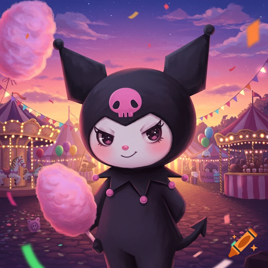 Kuromi holds pink cotton candy at a vibrant carnival during sunset.