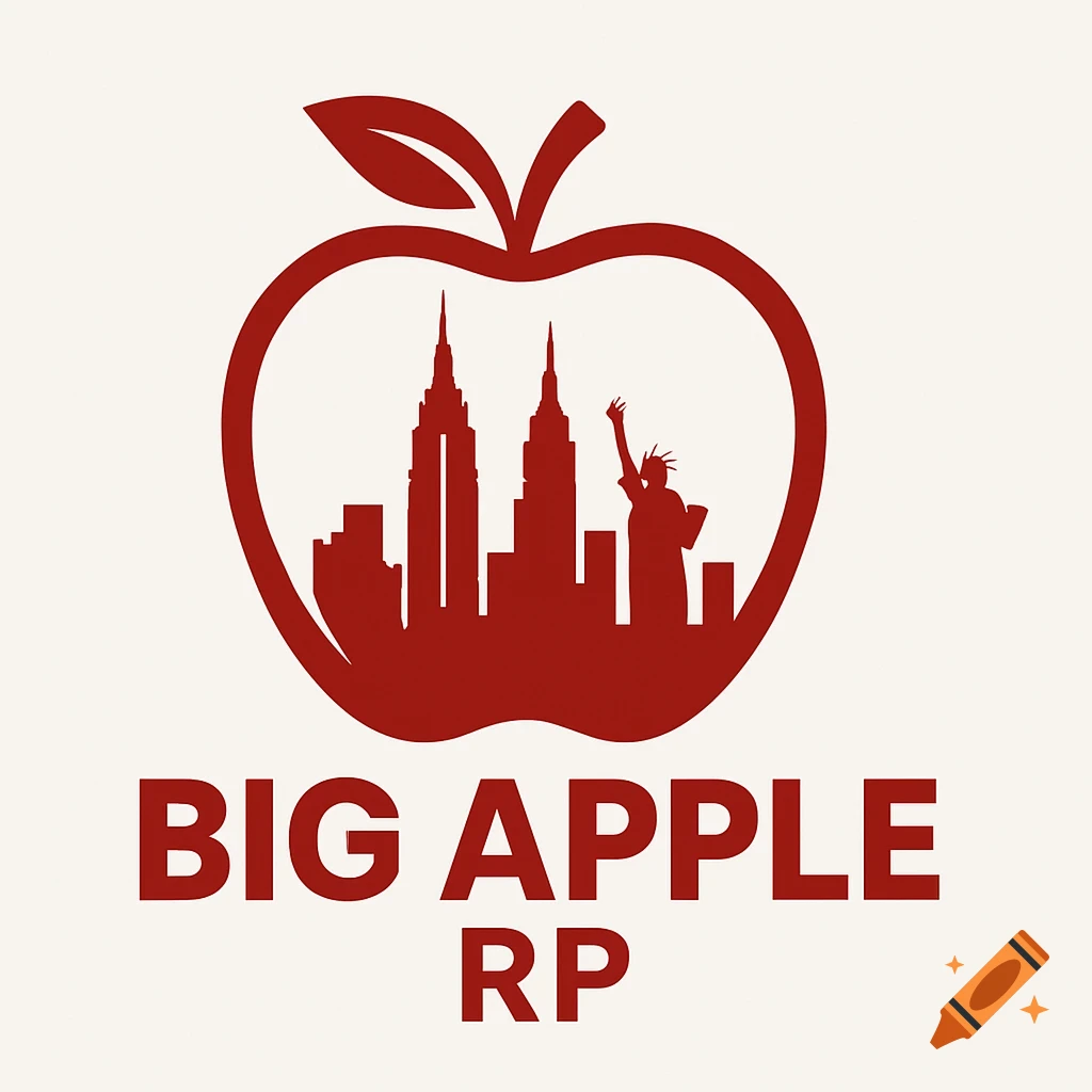 A red apple silhouette containing the New York City skyline, including the Empire State Building and Statue of Liberty. Below it, the text "BIG APPLE RP" is displayed.