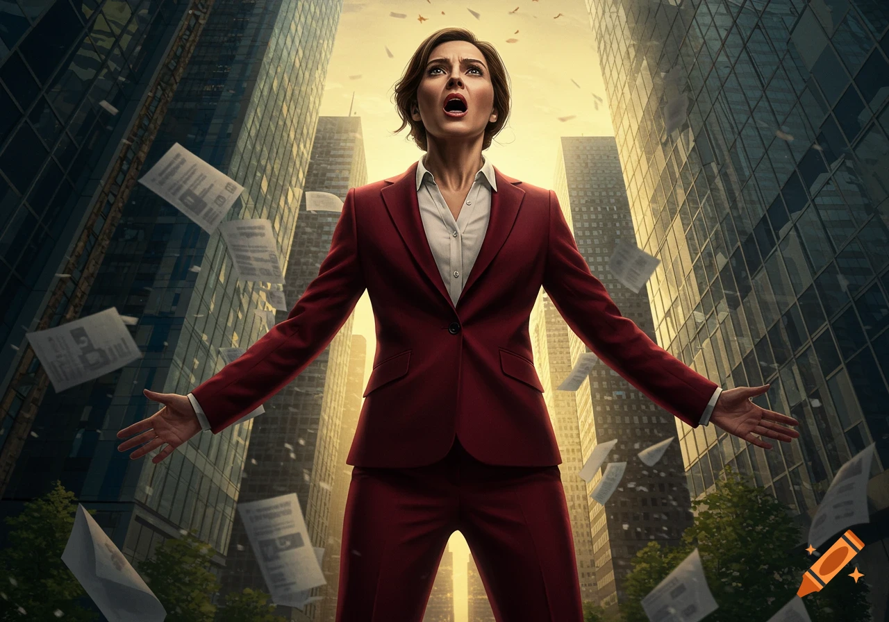 A distressed woman in a red business suit stands in a city street as papers fly around her, tall buildings frame the background.