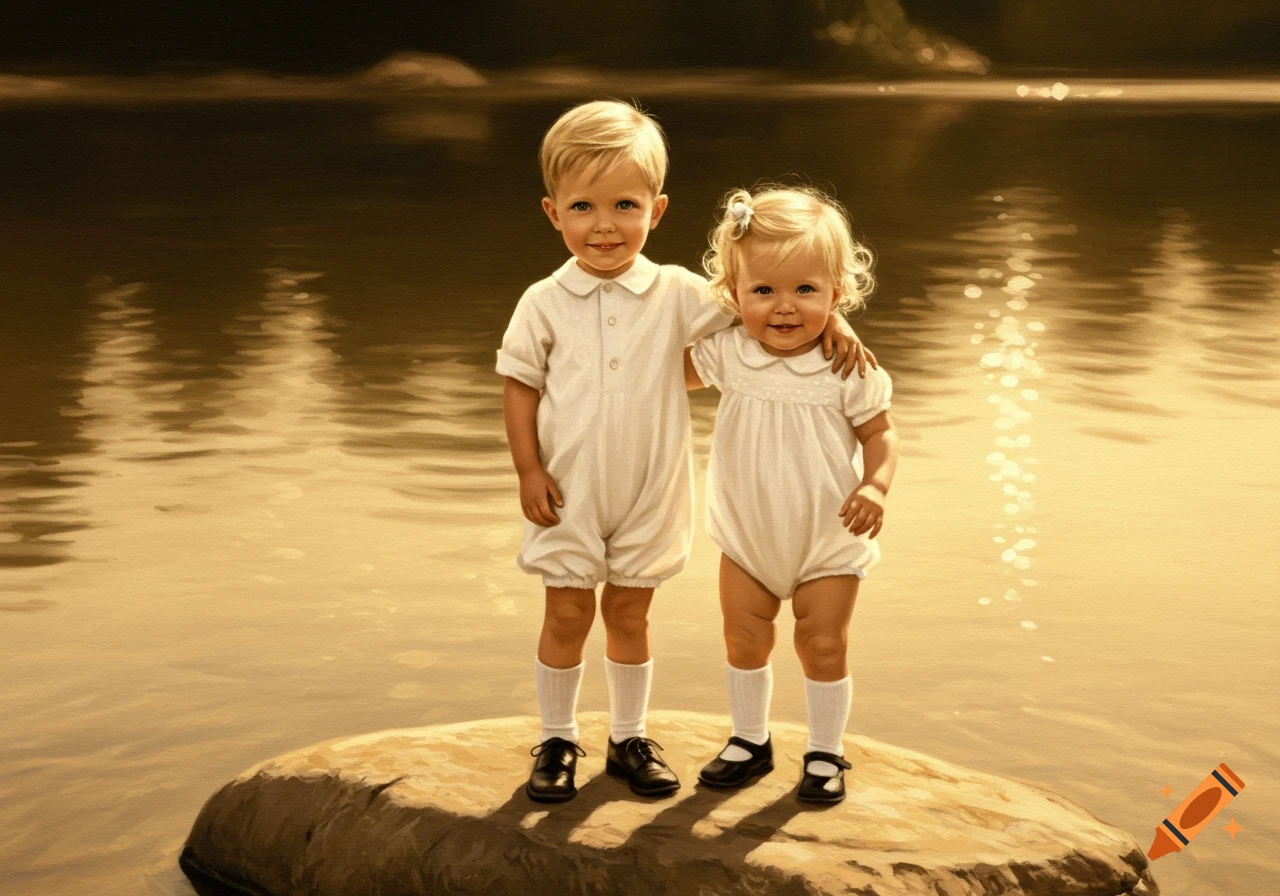 A vintage-style painting of a blonde boy and girl in white rompers, standing on a rock in a golden lake.