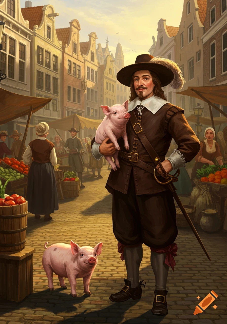 A man in 17th-century attire, with a wide-brimmed hat and a sword, holds a small piglet while another piglet stands nearby on a cobblestone street in a bustling historical market.