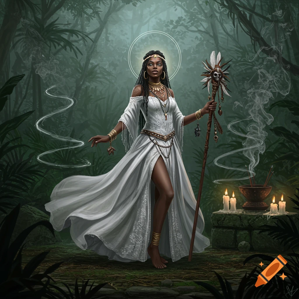 A dark-skinned woman in a flowing white dress and gold jewelry stands in a misty jungle, holding a feathered staff with candles and smoke.