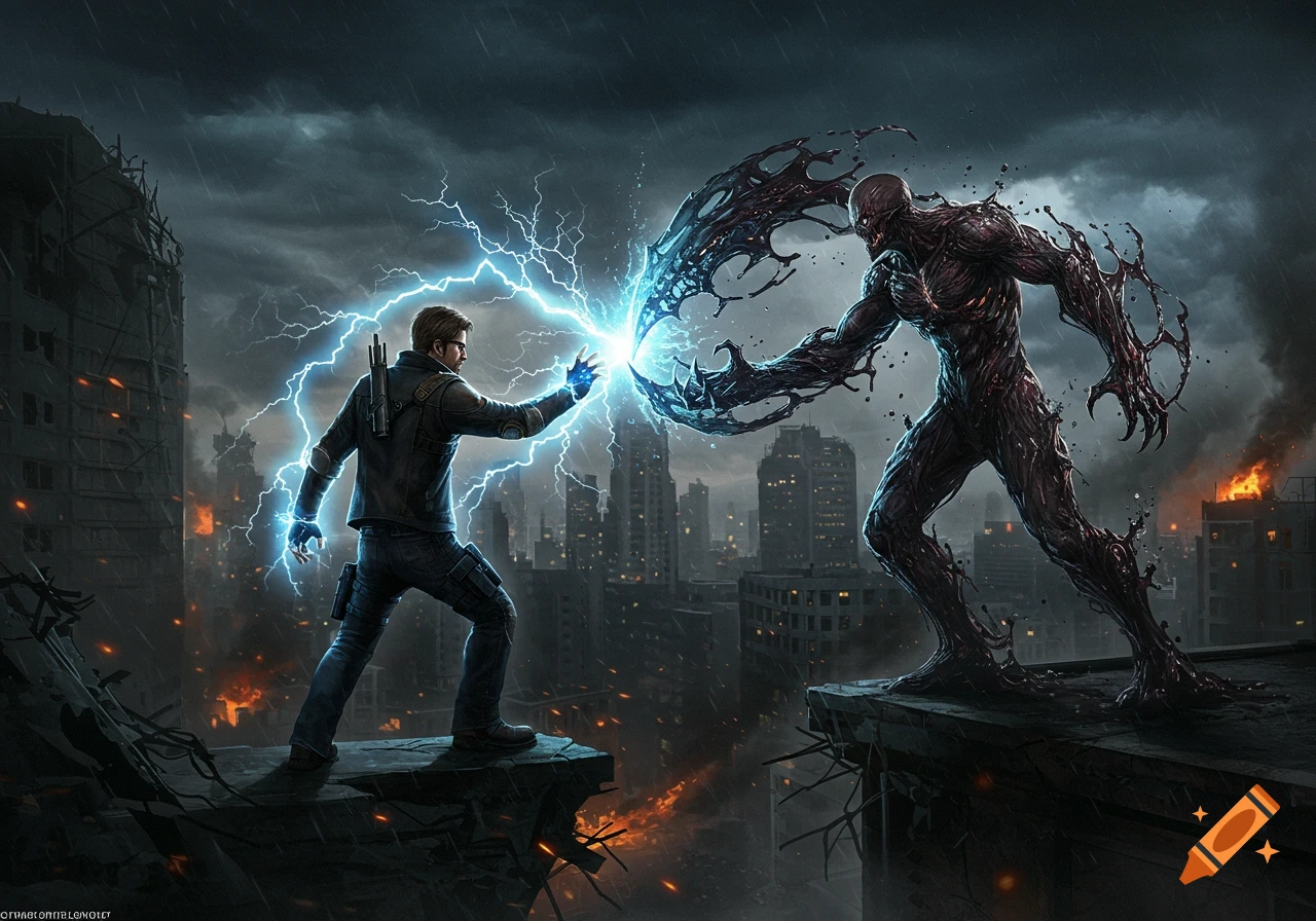 A man with blue electric powers battles a black monstrous creature on a ruined rooftop in a stormy city with fires in the background.