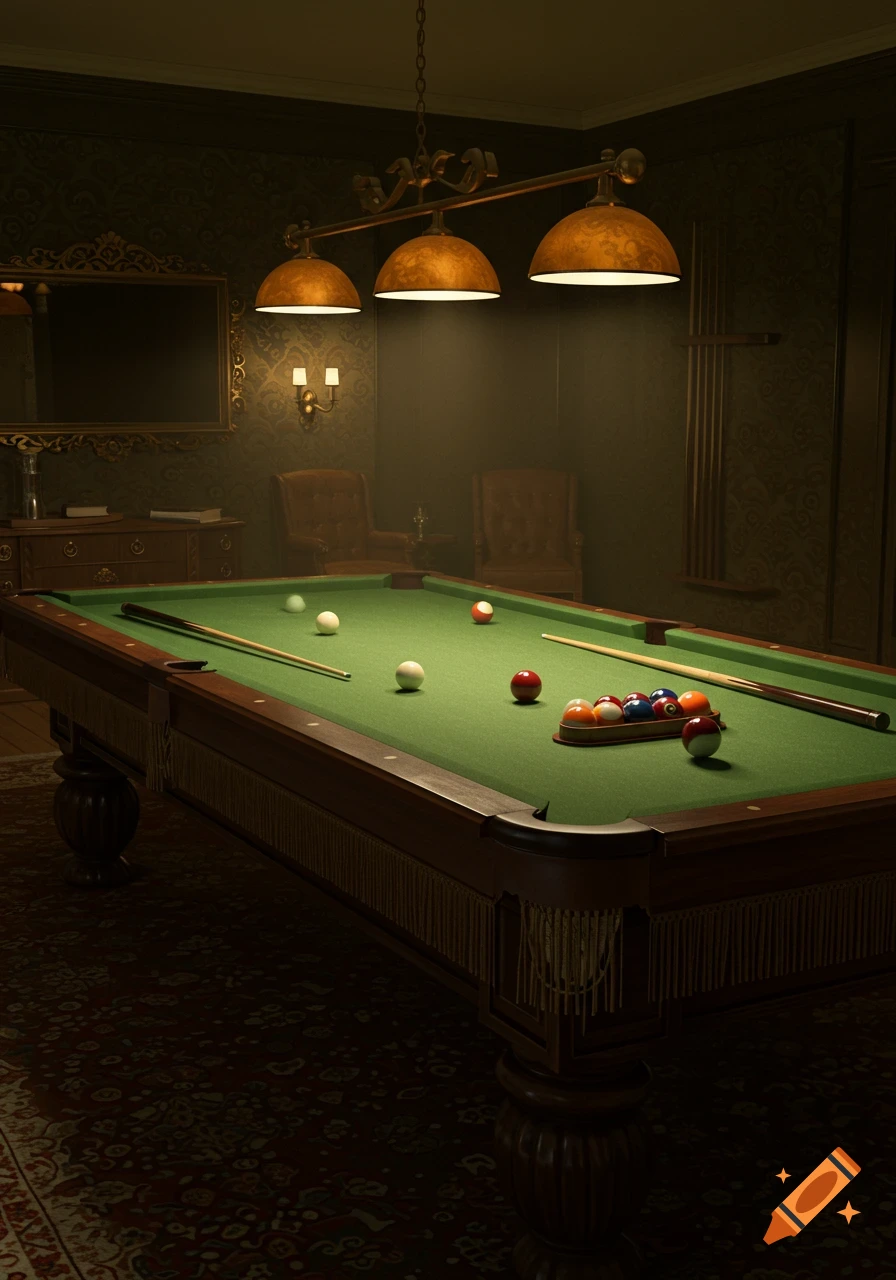 A photorealistic image of a classic billiards room with a green pool table, balls, cues, and antique furniture under hanging lamps.