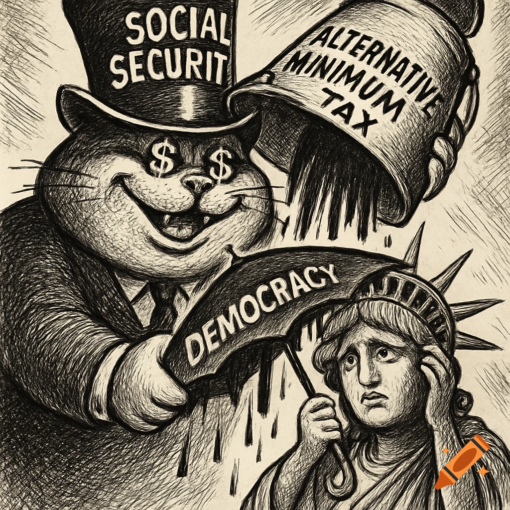 A black and white political cartoon of a smiling cat in a top hat pouring liquid from a bucket onto a sad Statue of Liberty.