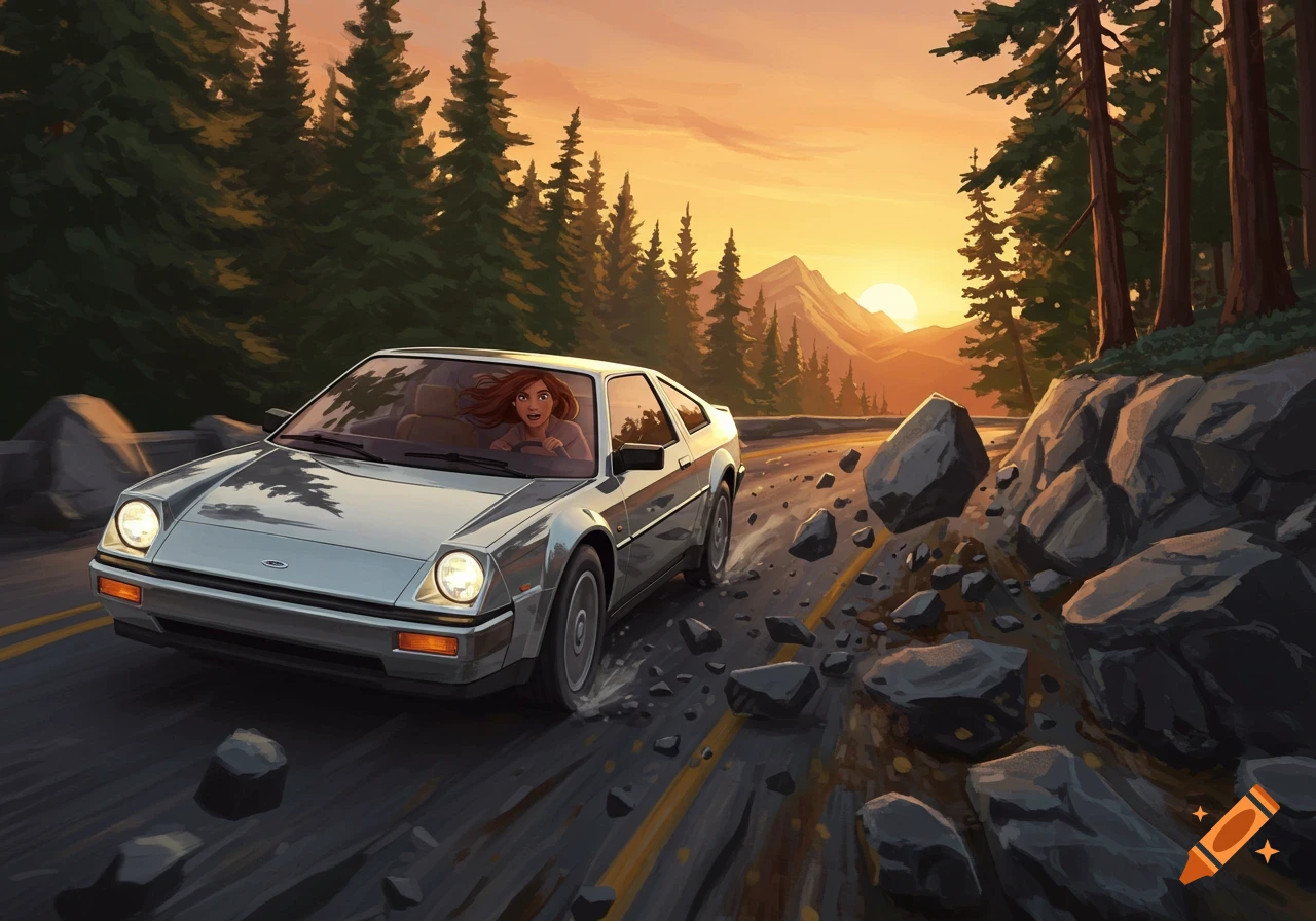 An illustration of a woman in a grey sports car driving through a rockslide on a mountain road at sunset.