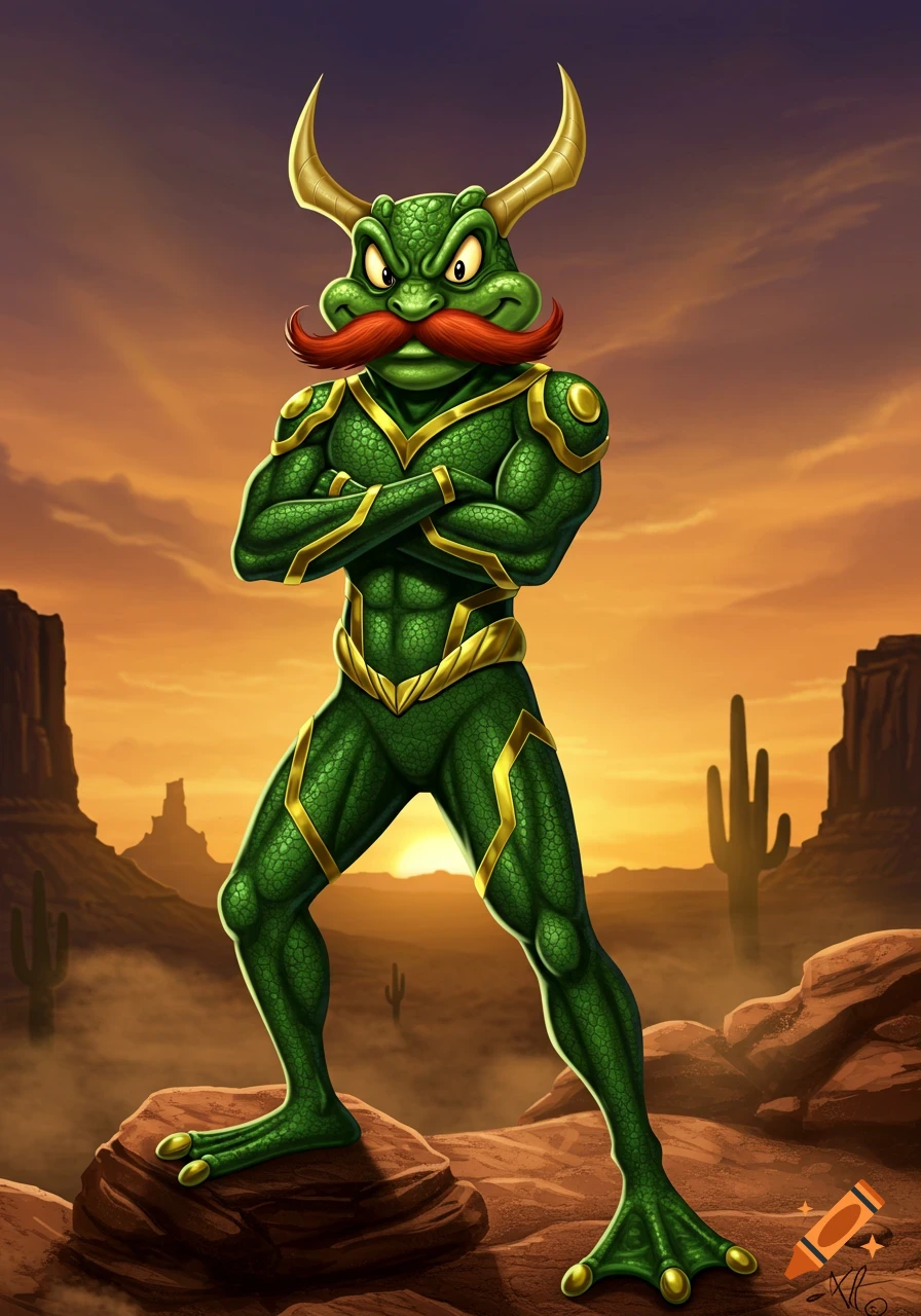 A muscular, green, frog-like superhero with a red mustache and golden horns stands in a desert at sunset.