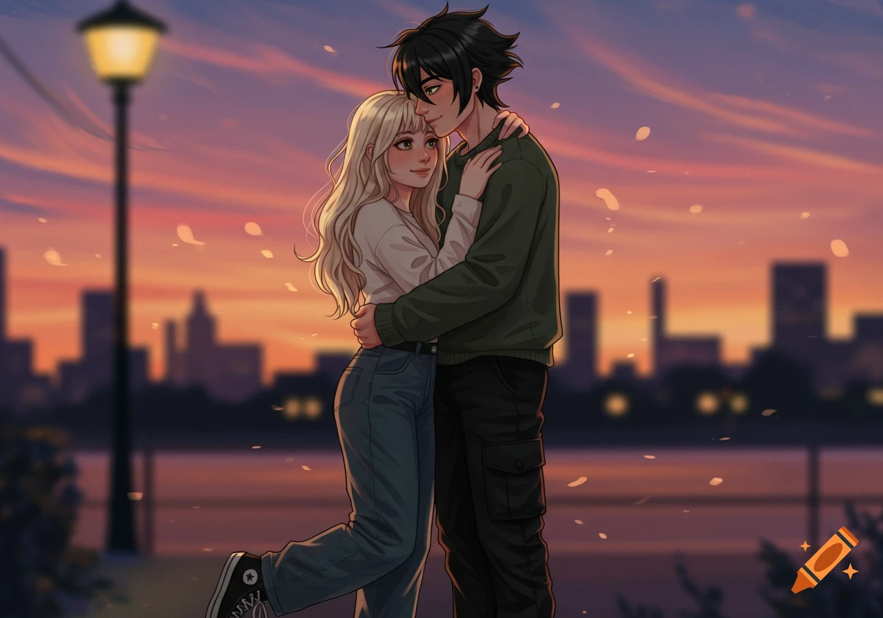 An anime couple embraces outdoors against a city skyline at sunset.