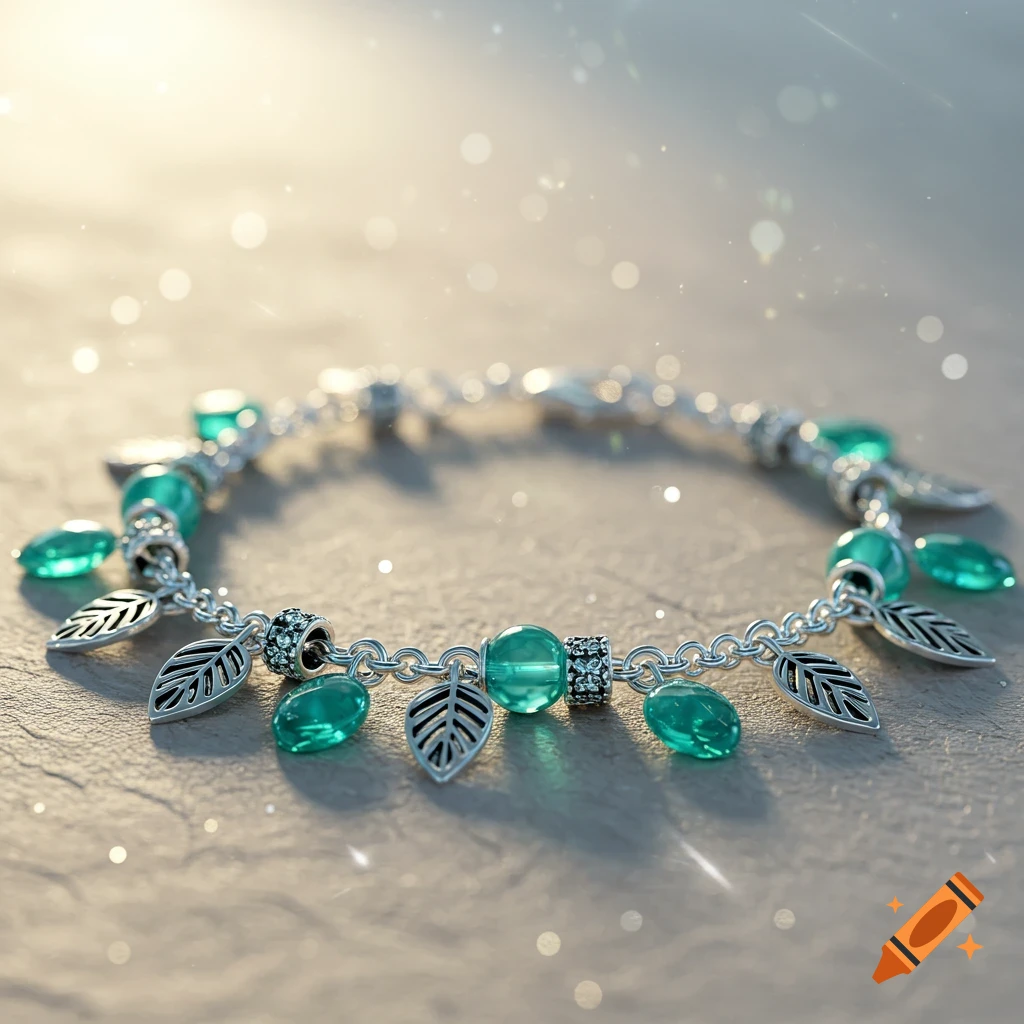 A silver charm bracelet with teal beads and silver leaf charms rests on a light-colored, textured surface, illuminated by bright light and sparkling bokeh.