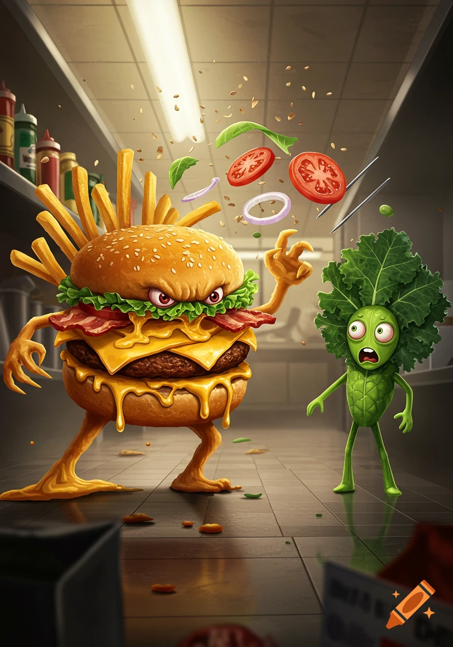 A fierce cartoon cheeseburger with fries for hair attacks a terrified broccoli creature in a kitchen.