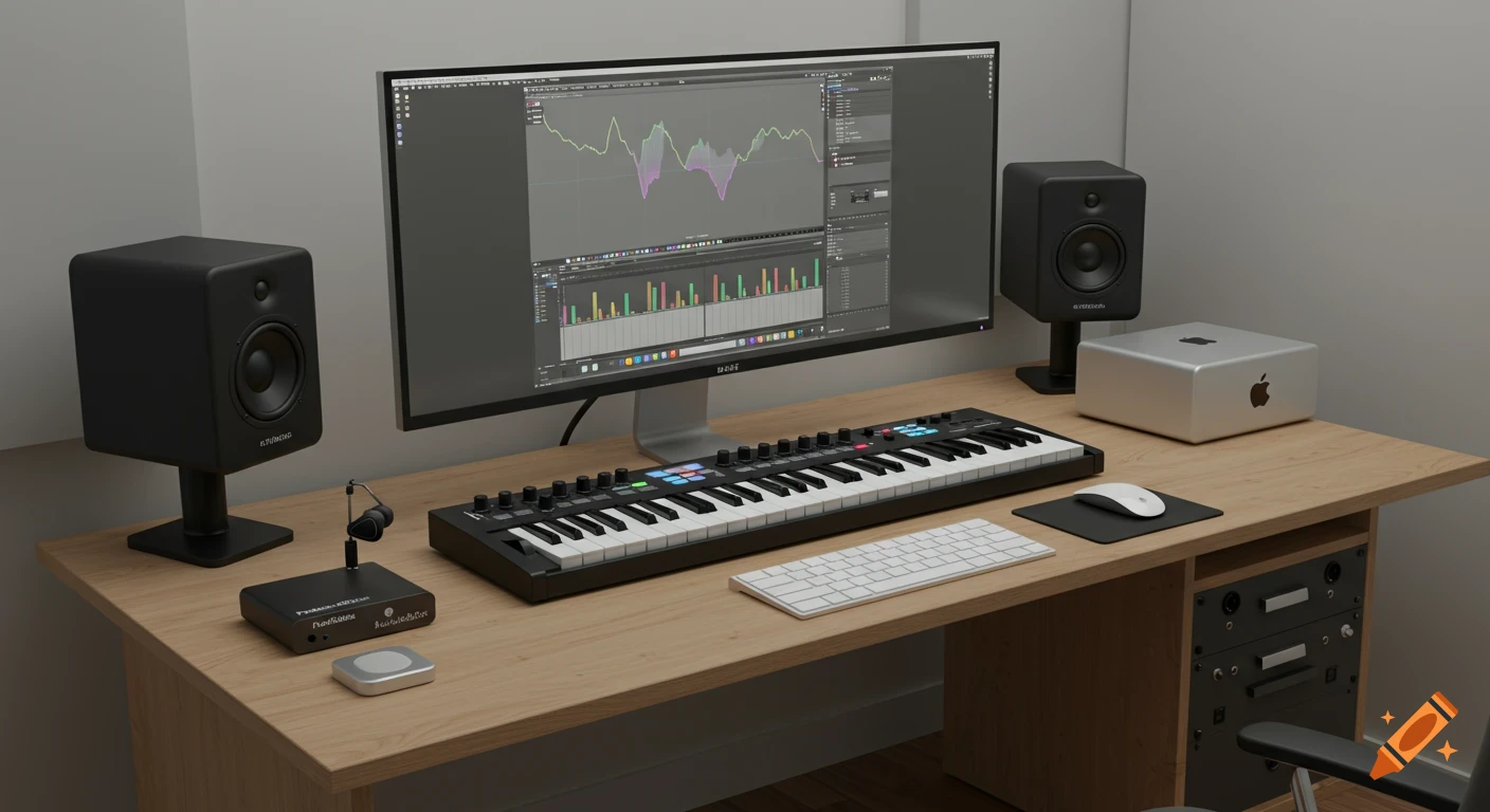 A clean 3D render of a modern home studio setup on a light wooden desk, featuring an ultra-wide monitor displaying audio software, a MIDI keyboard, two studio monitors, a computer, an audio interface, and a wireless keyboard and mouse.