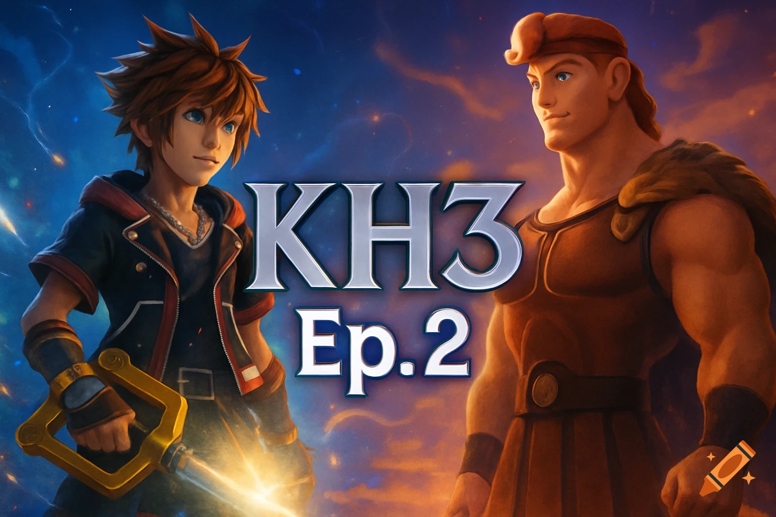 Kingdom Hearts' Sora with a glowing Keyblade and Disney's Hercules stand beneath 'KH3 Ep.2' text against a vibrant, starry fantasy sky.