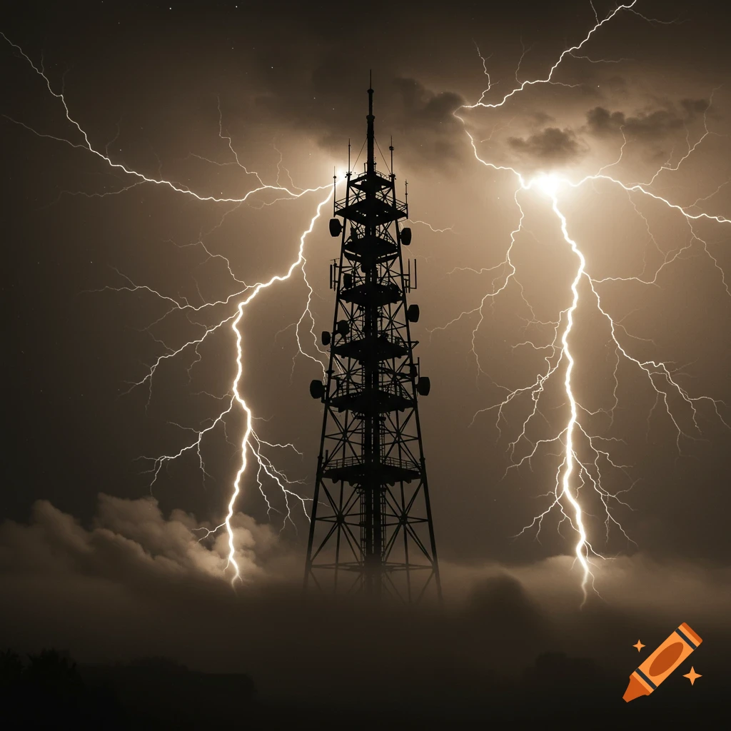 A silhouetted radio tower is struck by multiple bolts of lightning during a stormy, misty night, with a sepia-toned sky.