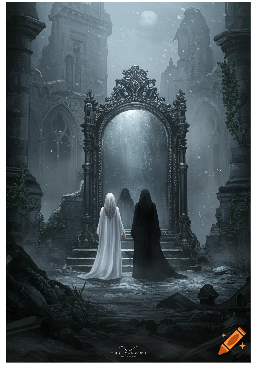 Two robed figures, one white, one black, stand before an ornate mirror in a ruined, moonlit castle.