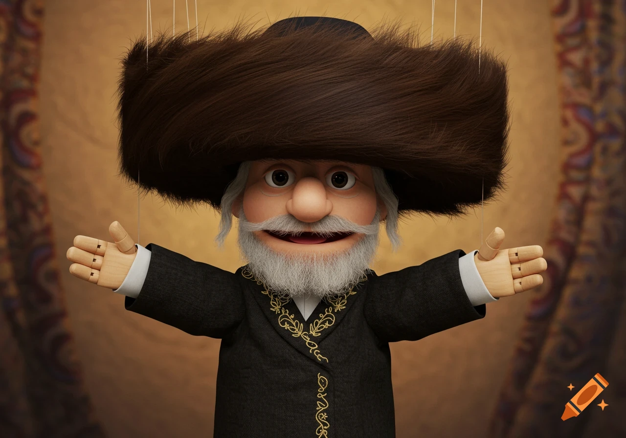 Close-up of a cartoonish puppet of an old man with a white beard, wearing a large fur hat and an embroidered coat, with strings.