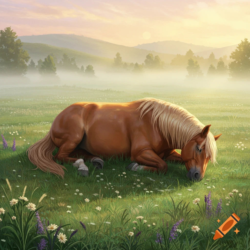 A brown horse with a blonde mane rests in a sunny, misty green field with wildflowers, hills, and trees in the background.