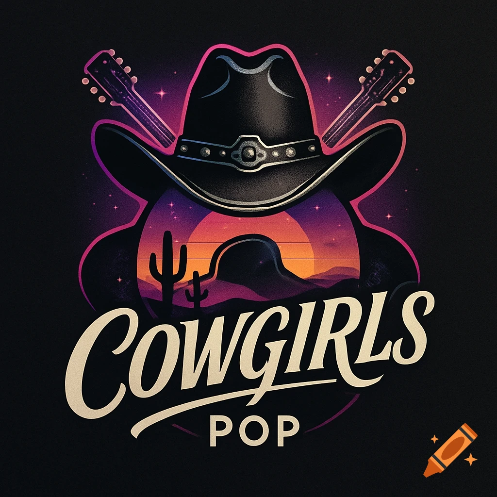 A stylized retro-themed logo featuring a black cowboy hat centered above a desert landscape with cacti and a sunset, flanked by two guitars, with the words 'COWGIRLS' and 'POP' below, all in vibrant pink, purple, and orange hues on a dark background.