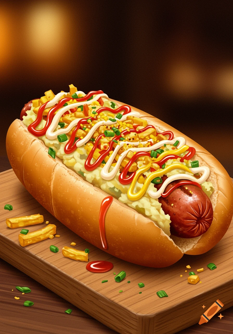 A loaded hotdog topped with mashed potatoes, ketchup, mustard, shoestring fries, and chives, on a wooden board.