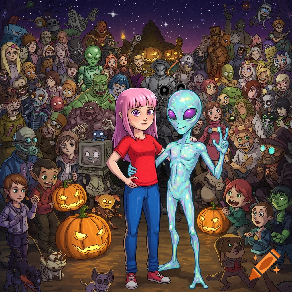 A cartoon image of a girl with pink hair and a light blue alien standing together in a large crowd of various cartoon characters, monsters, and robots, with pumpkins at their feet under a starry night sky.