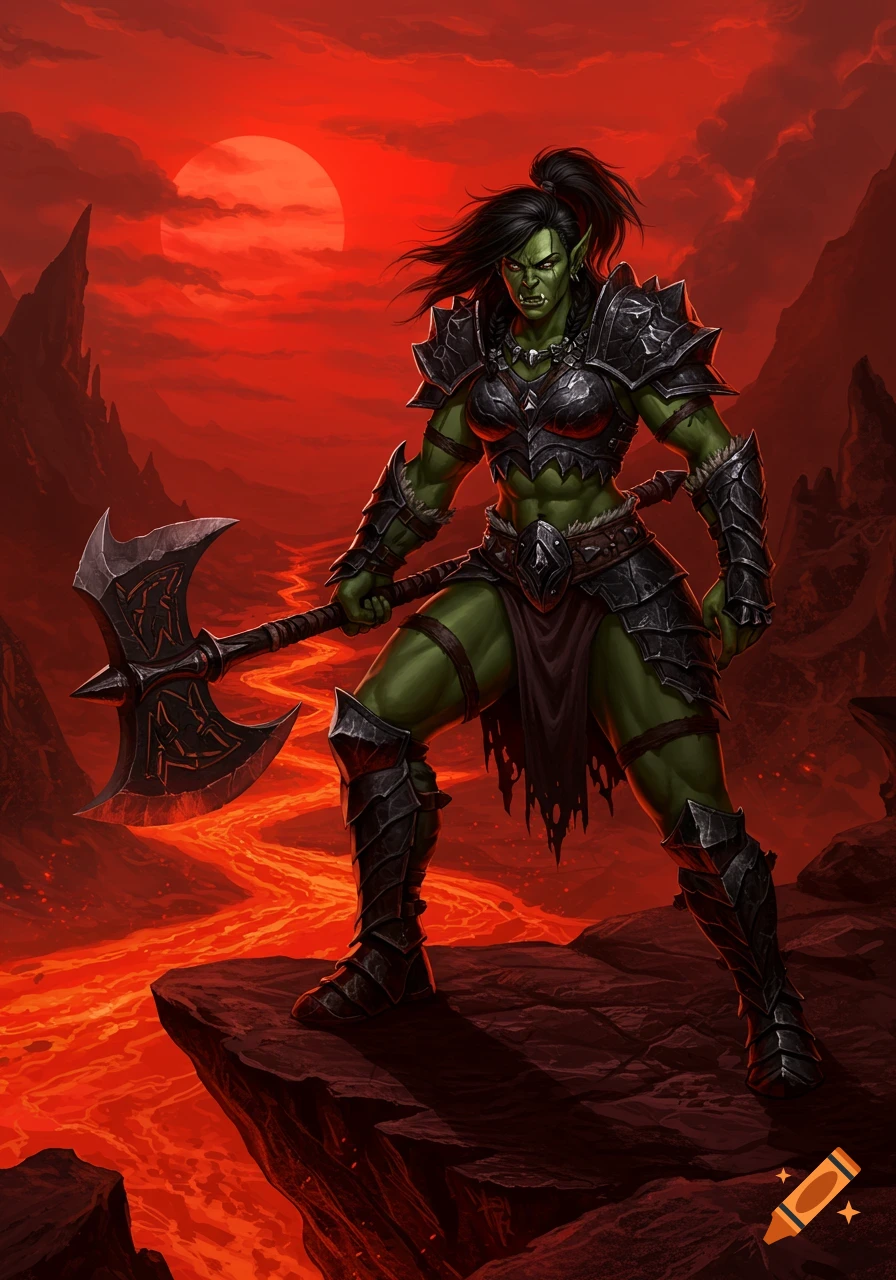 A powerful female orc warrior in dark armor stands on a cliff overlooking a lava river under a red sky, holding a large axe. Digital art.