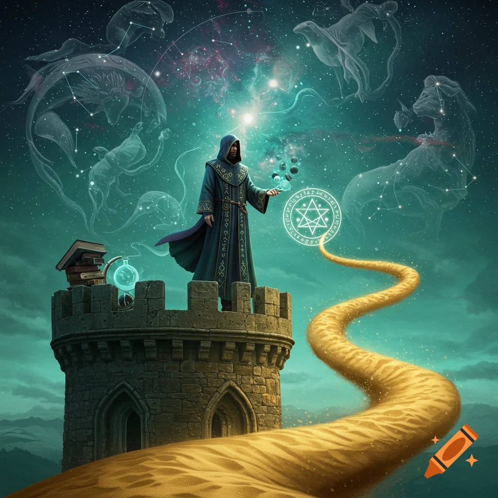 A hooded wizard stands on a stone tower, holding glowing orbs and casting a spell with a star symbol. A golden path extends from the tower into a cosmic, starry sky with faint constellations.