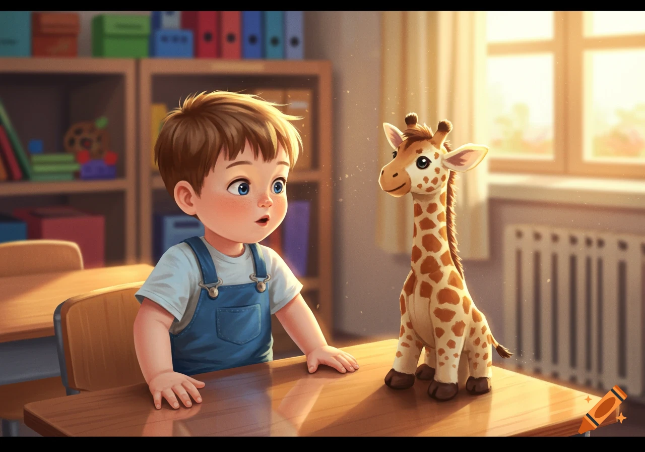 A wide-eyed kindergarten boy in overalls sits at a school desk, looking at a stuffed giraffe in a brightly lit classroom.