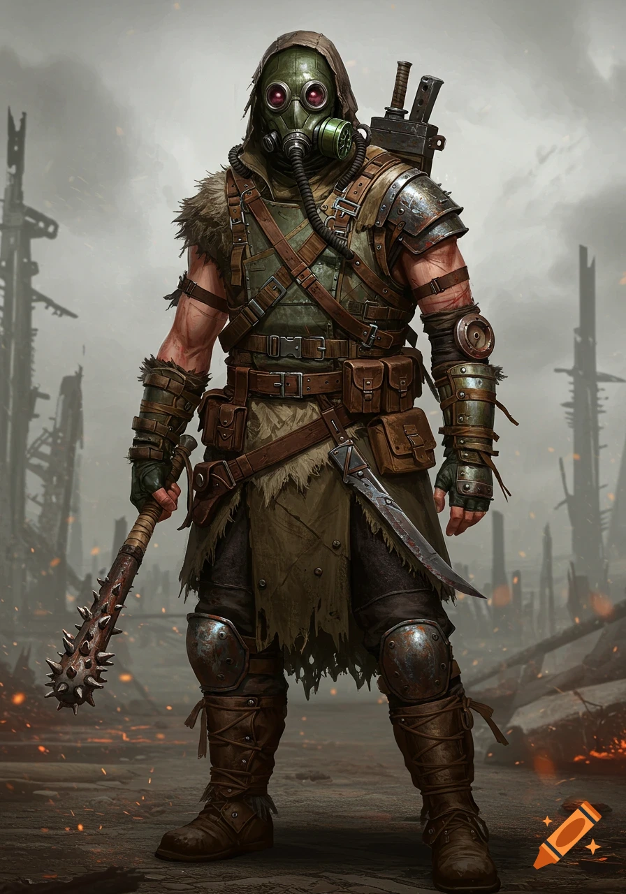 A post-apocalyptic survivor wearing a gas mask, hooded cloak, and armored clothing, holding a spiked war club in a ruined city. Concept art.