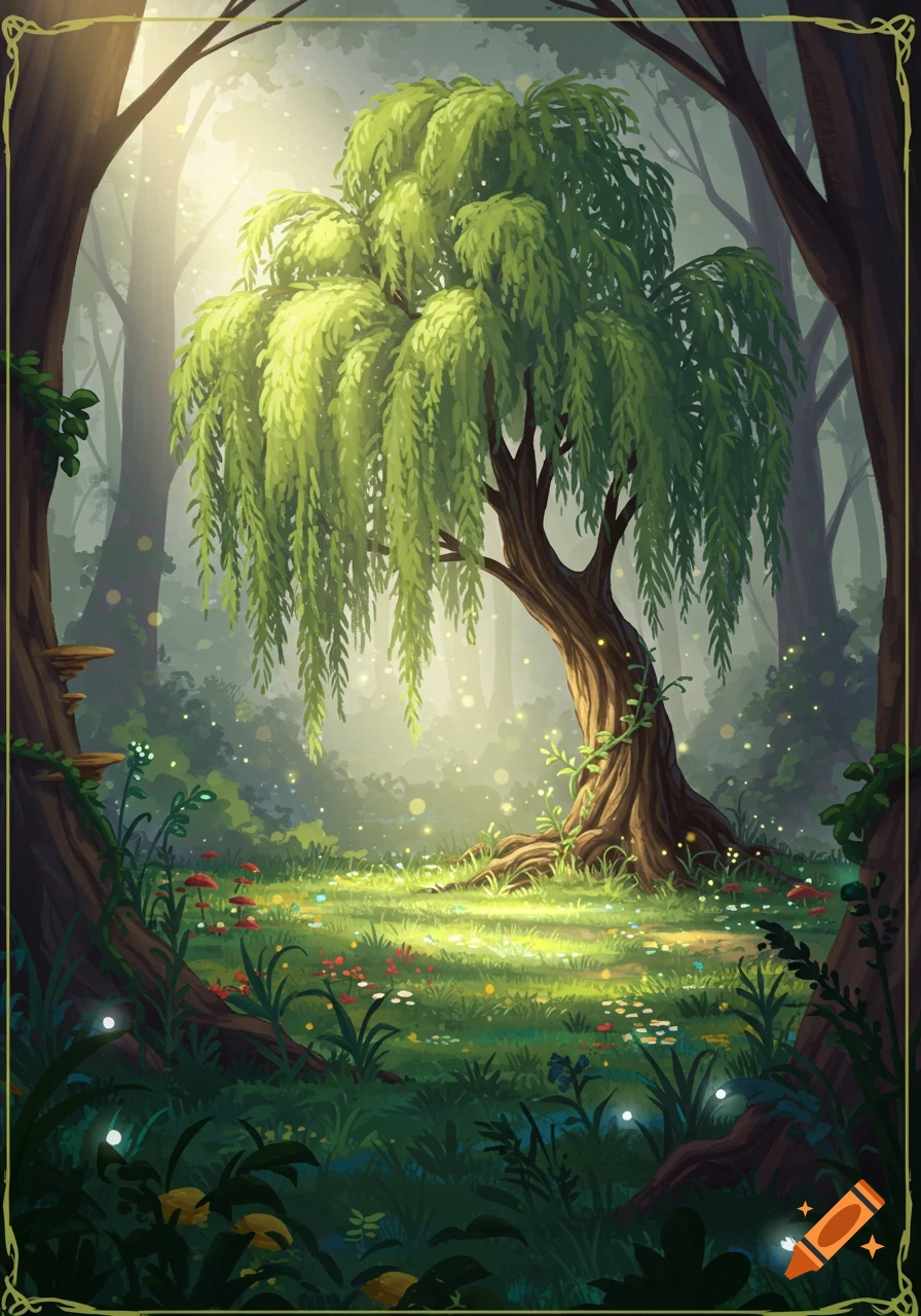 A whimsical, illustrated forest scene with a prominent willow tree, glowing light, and small flowers.
