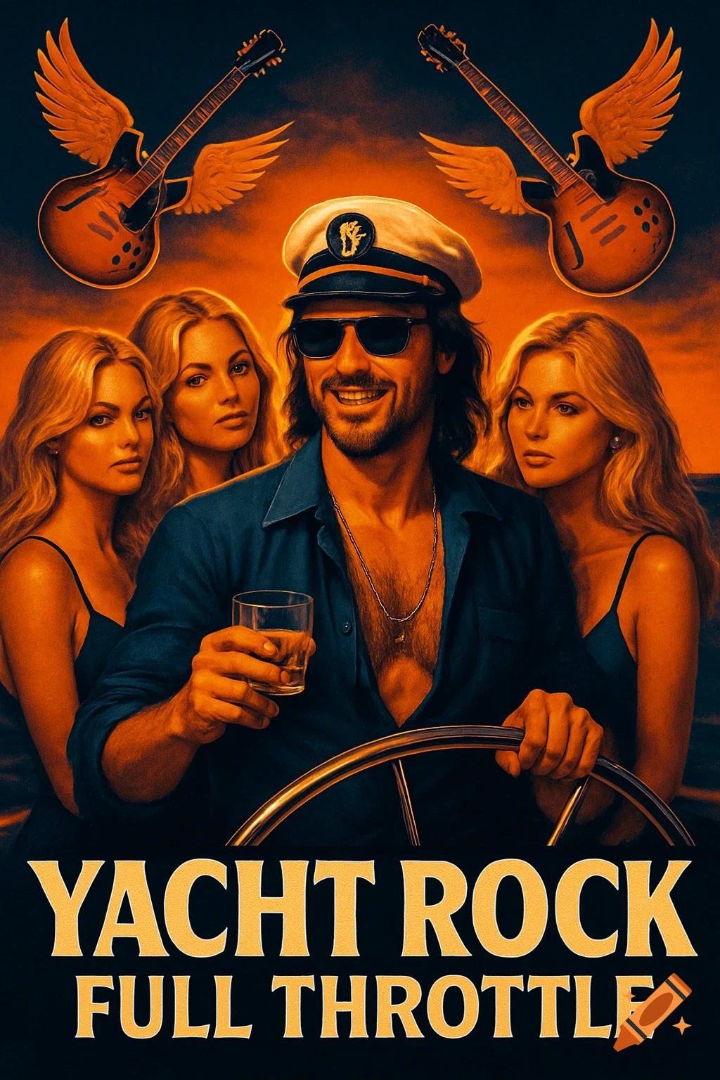 A 1980s style movie poster for 'Yacht Rock: Full Throttle' showing a captain with sunglasses and three women, with winged guitars.