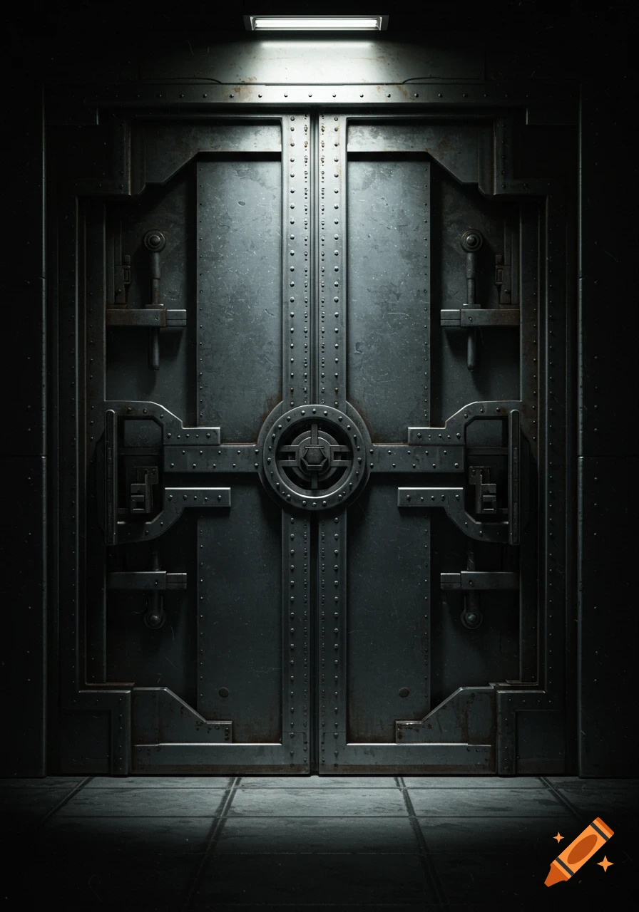 A full shot of a giant, grey, reinforced metal vault door with a central locking mechanism, dimly lit from above.