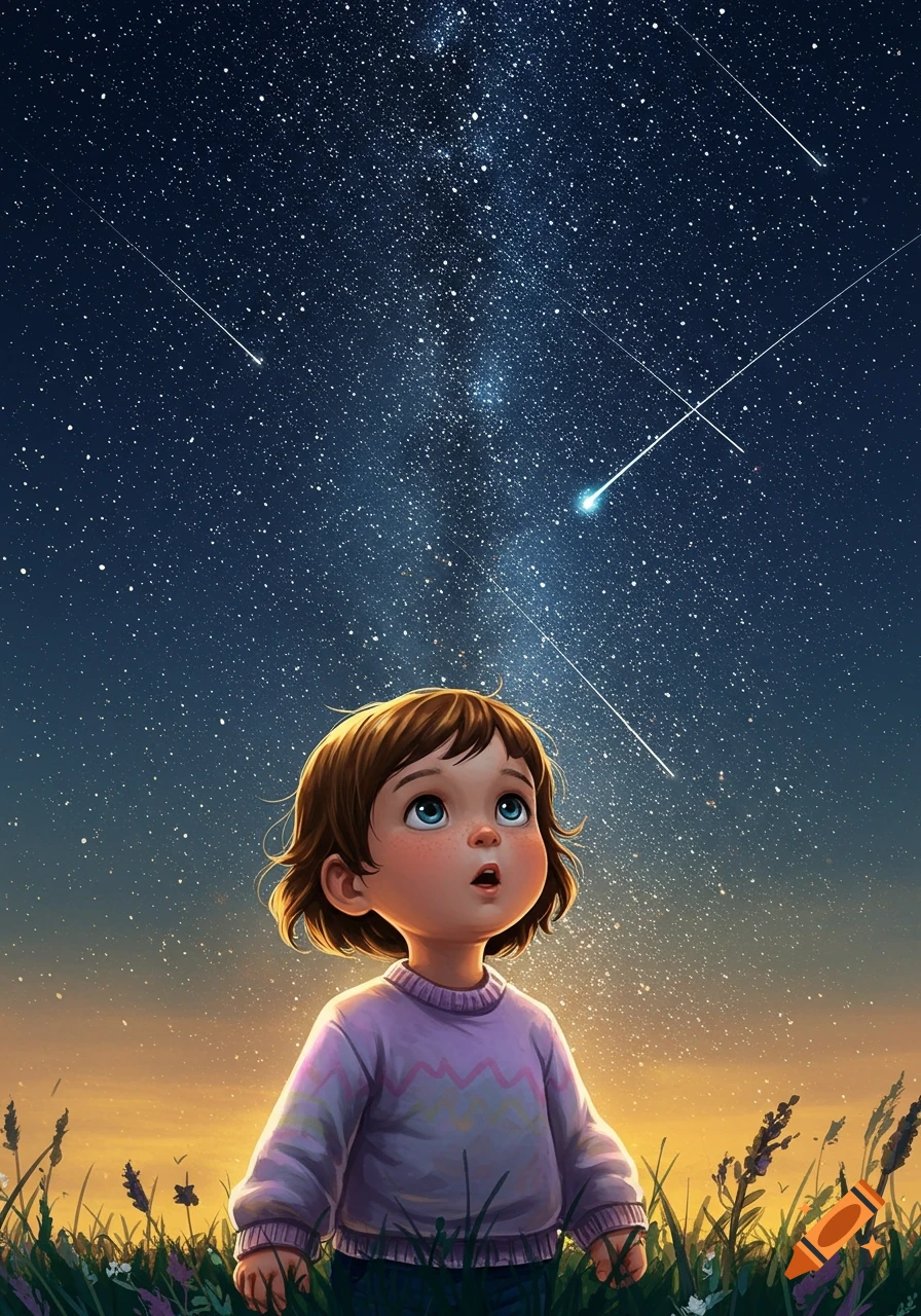 An illustrated child with brown hair and blue eyes looks up in wonder at a  starry night sky with shooting stars over a field. on Craiyon, image size:896x1280