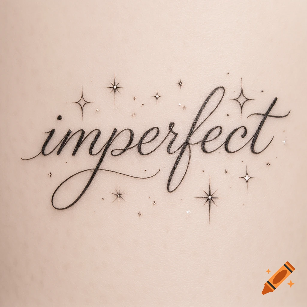 A fine line tattoo spelling 'imperfect' in cursive with stars and sparkles on light skin.