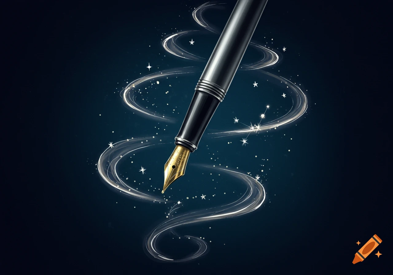 A black fountain pen with a golden nib writes shimmering light and stars against a dark blue background.