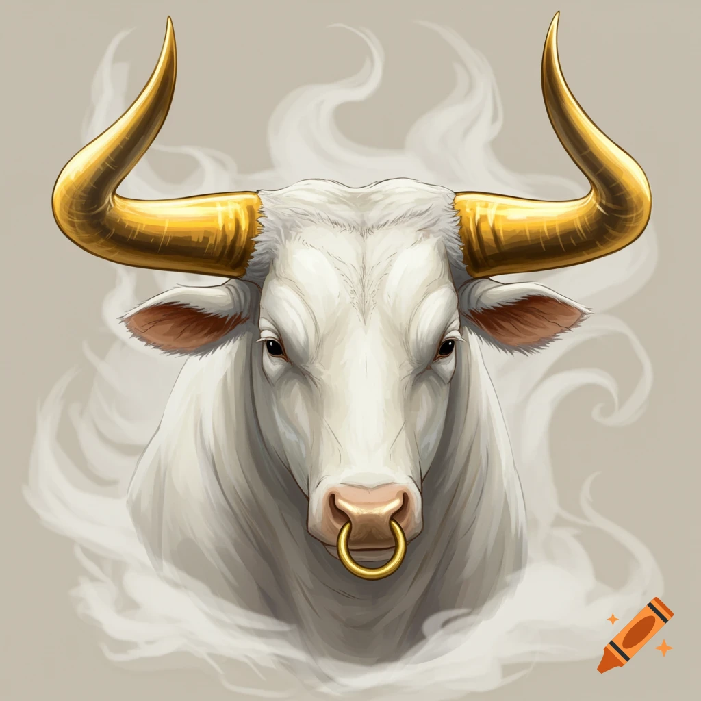 A stylized illustration of a white bull's head with golden horns and a nose ring, surrounded by smoke.