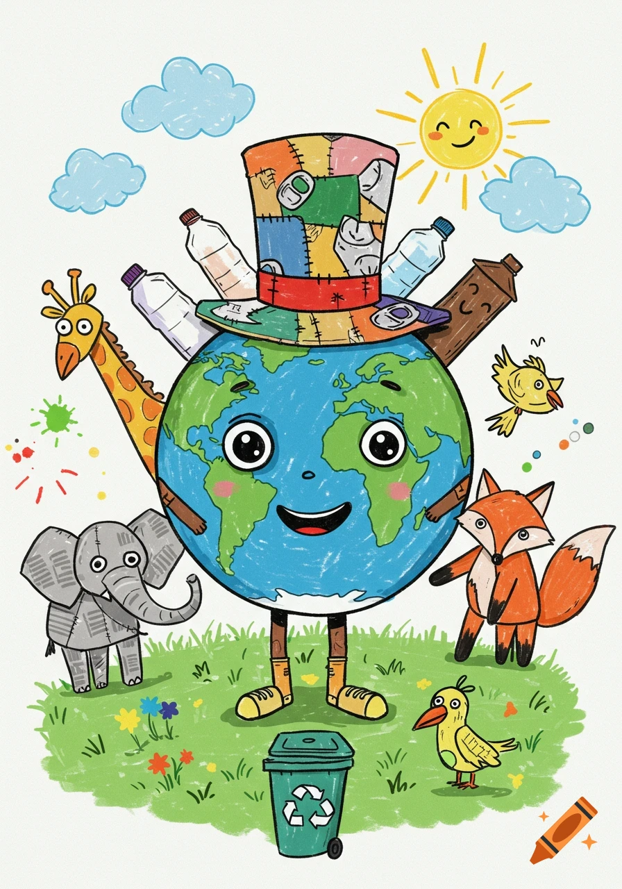 A colorful, child-like illustration of a happy Earth wearing a trash hat, with animals, a recycling bin, and a smiling sun, promoting recycling.