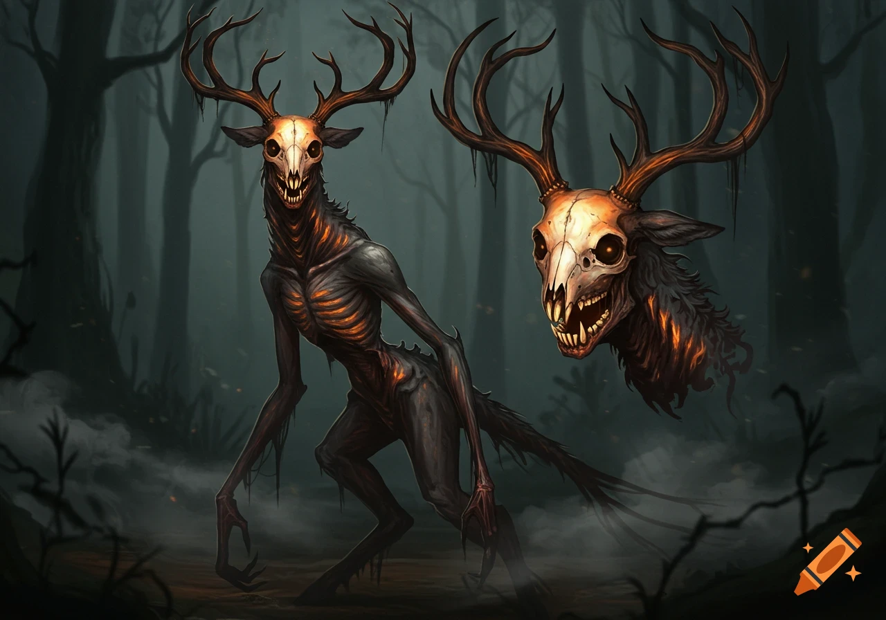 A creepy, skeletal, anthropomorphic deer demon with a skull face and glowing ribs stands in a dark forest, with a floating skull head beside it.