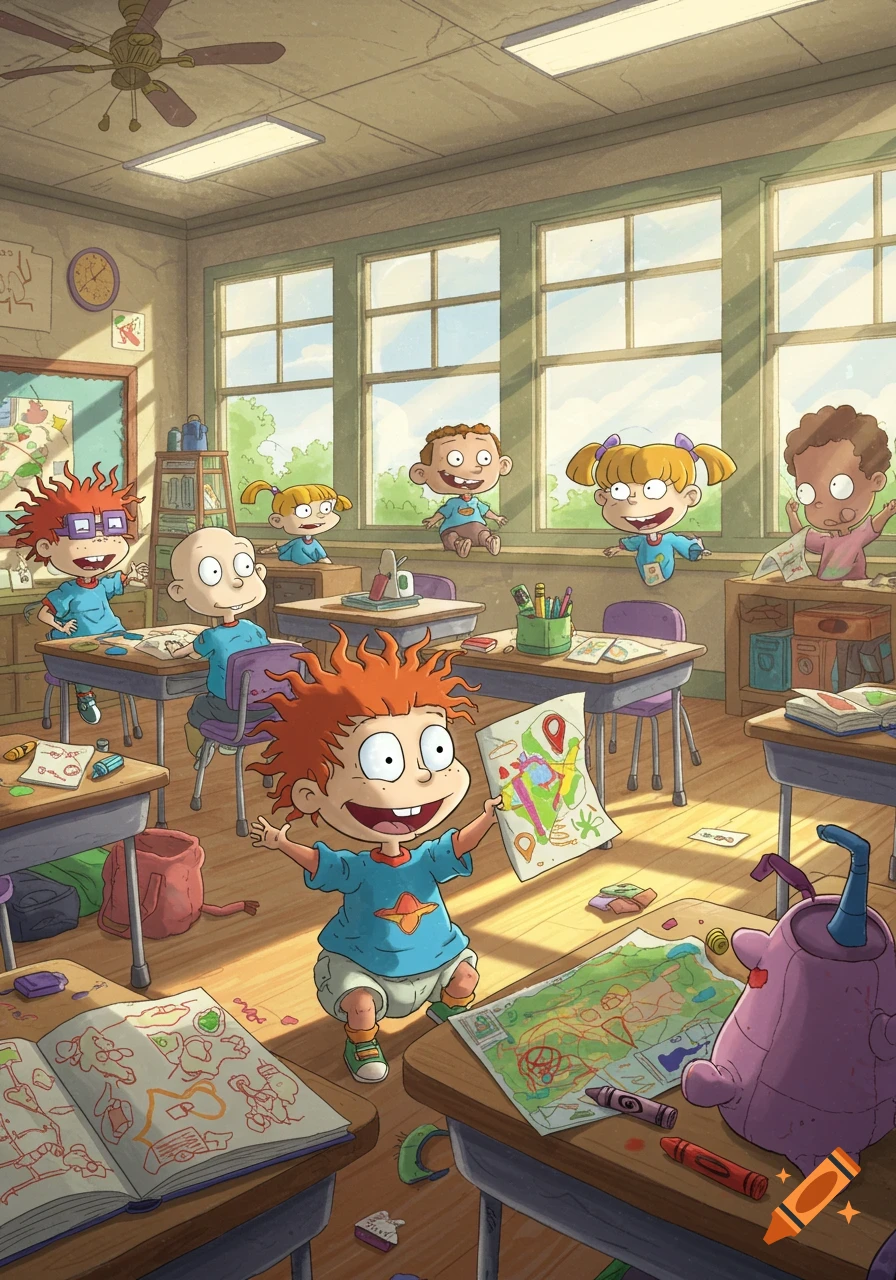 Cartoon babies resembling Rugrats characters enthusiastically playing and creating art in a bright classroom.