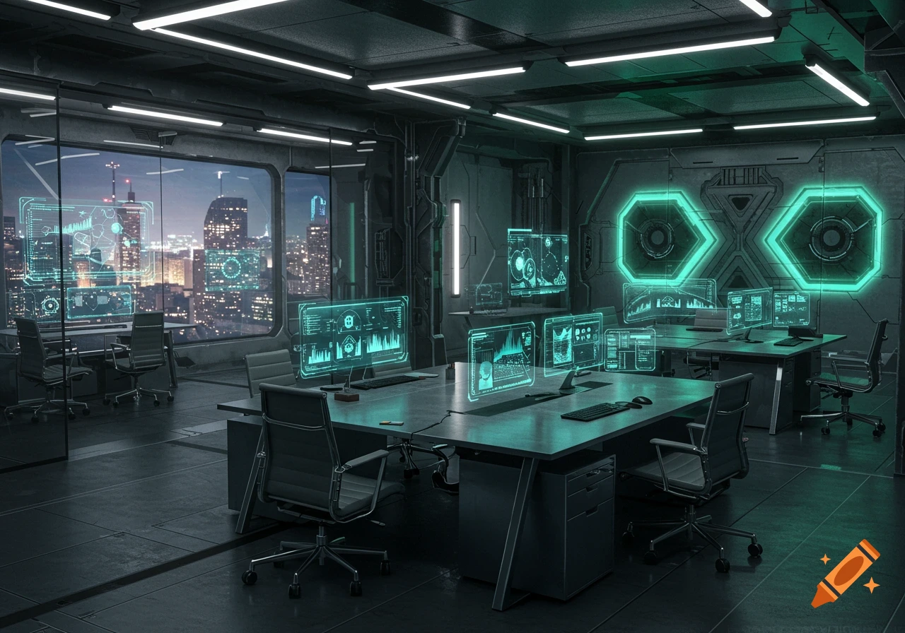 A futuristic office with many glowing teal holographic screens displaying data, looking out onto a nighttime cityscape, in a dark, metallic, high-tech style.