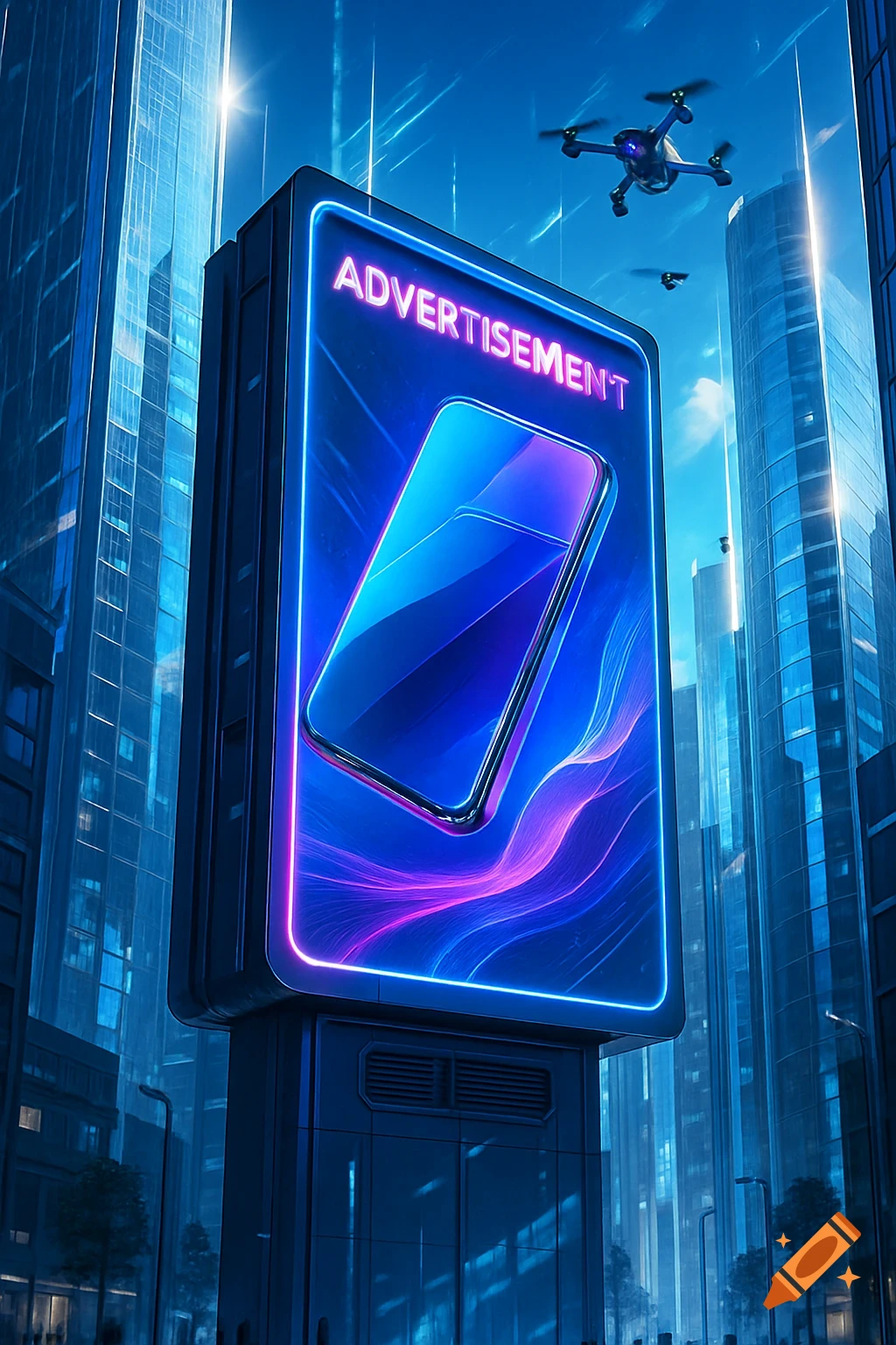 A vibrant, neon-lit advertisement billboard with a glowing smartphone display in a futuristic city, with drones flying overhead.