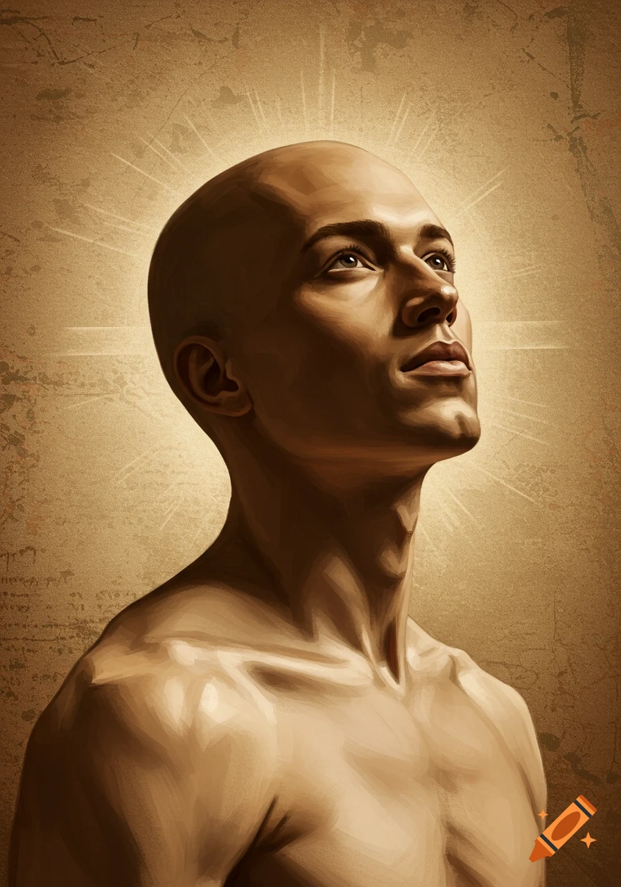 A close-up, Renaissance-style painting of a bald, muscular man with dark skin, looking upward with light rays emanating from his head.