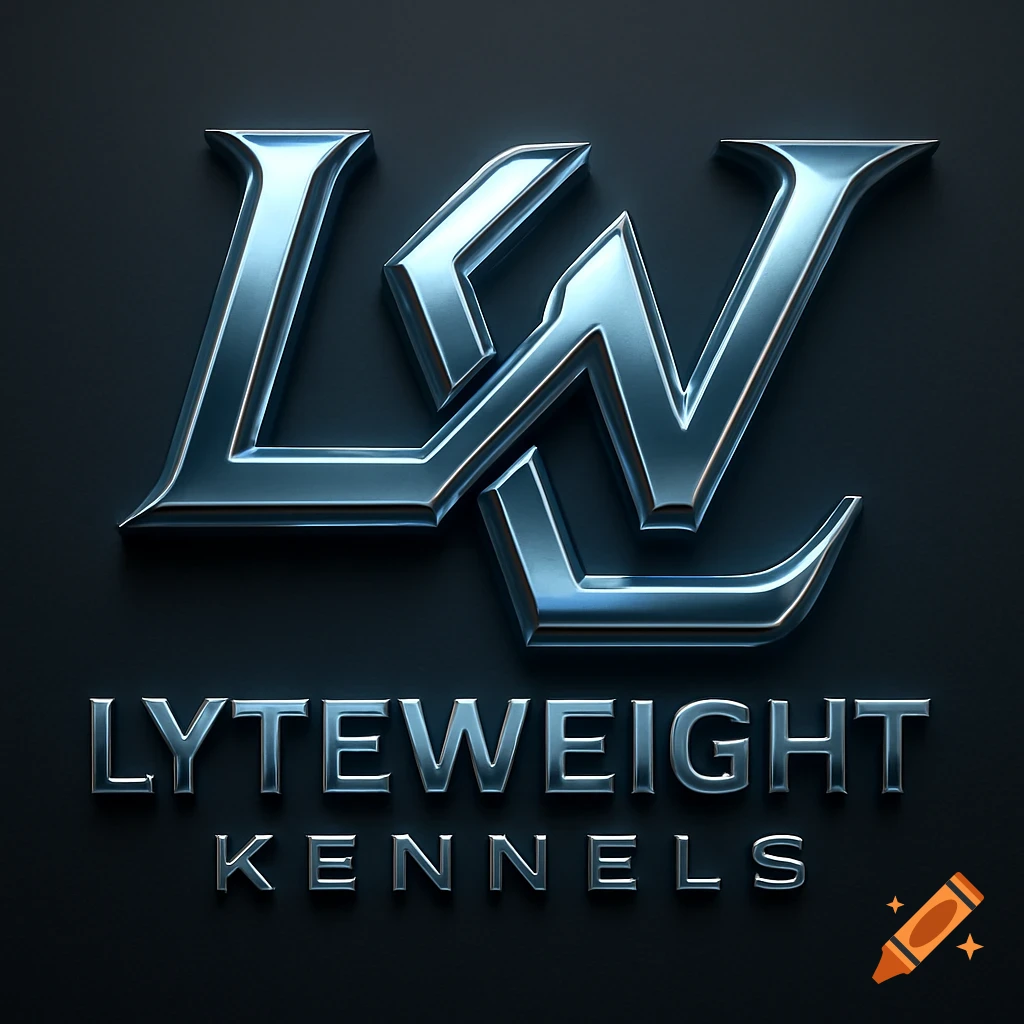 A 3D metallic logo for LyteWeight Kennels, featuring a stylized 'LW' monogram above the words 'LYTEWEIGHT KENNELS' in matching metallic text on a dark background.